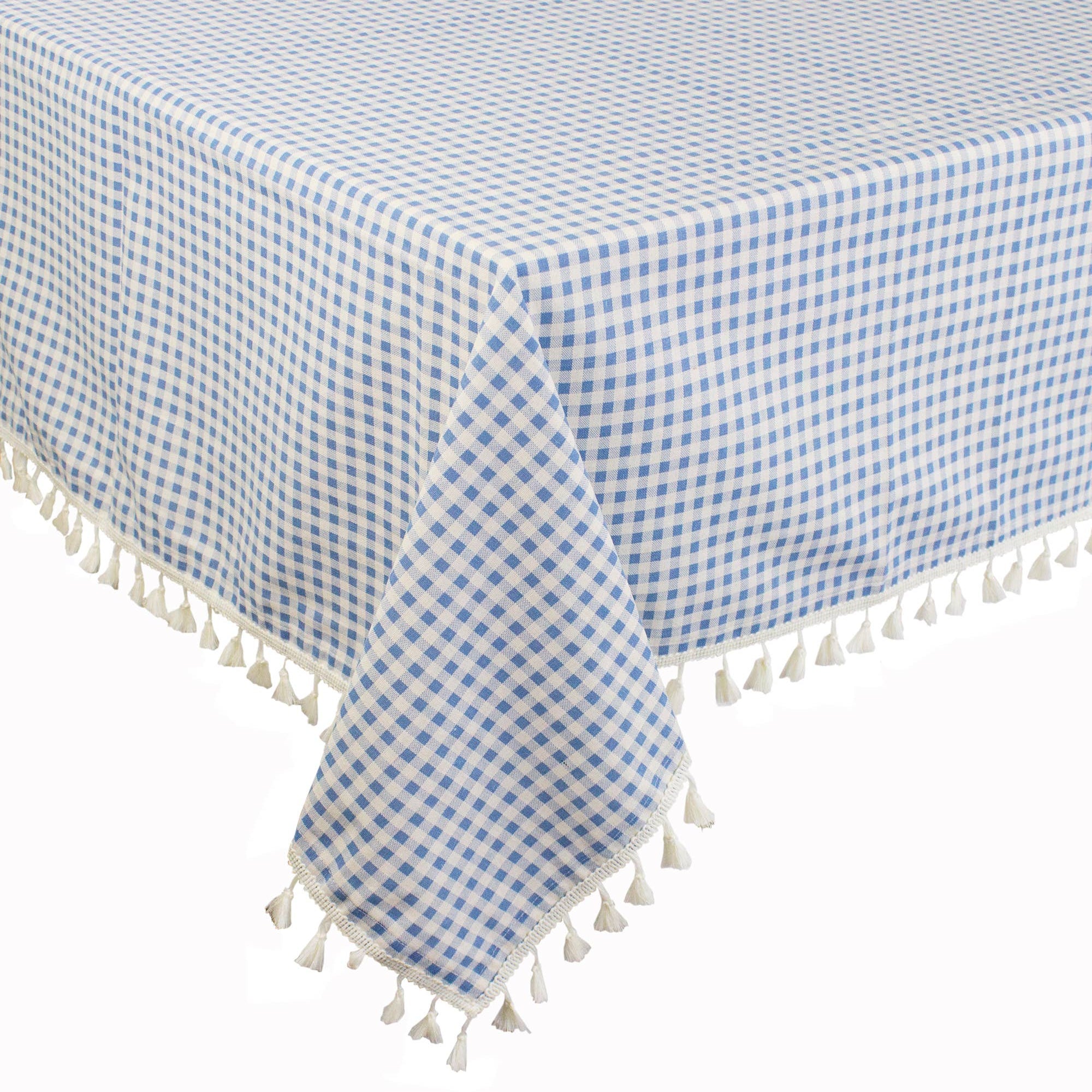 Gingham Check Tasseled Trim Cotton Blend Tablecloth