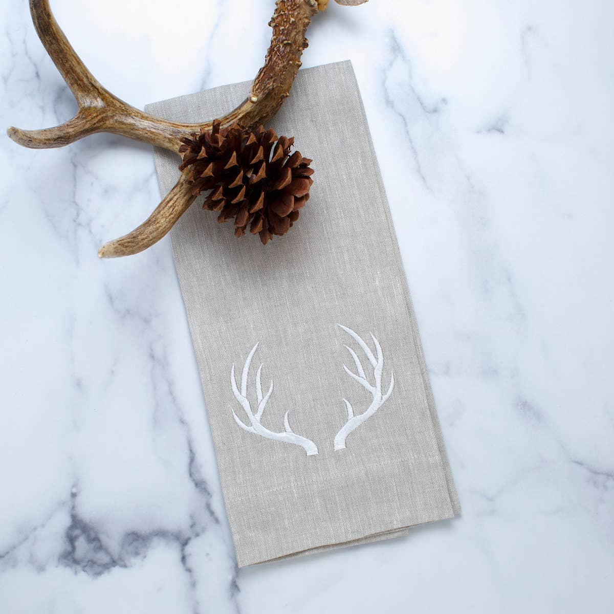 Antlers Linen Towel - Beige with White