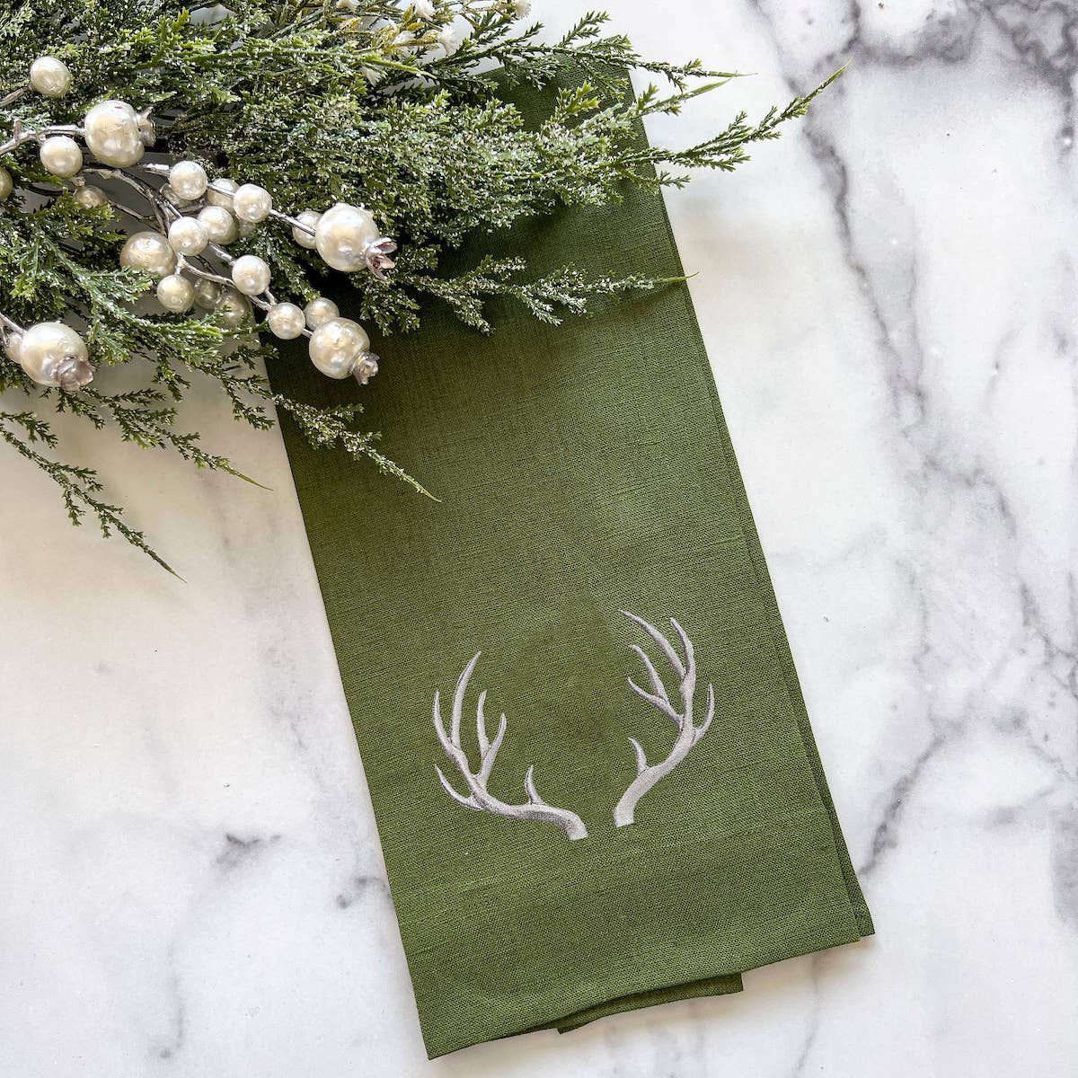 Antlers Linen Towel - Evergreen (Taupe)