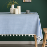 Blue and White Pinstripe Tablecloth with Fringe