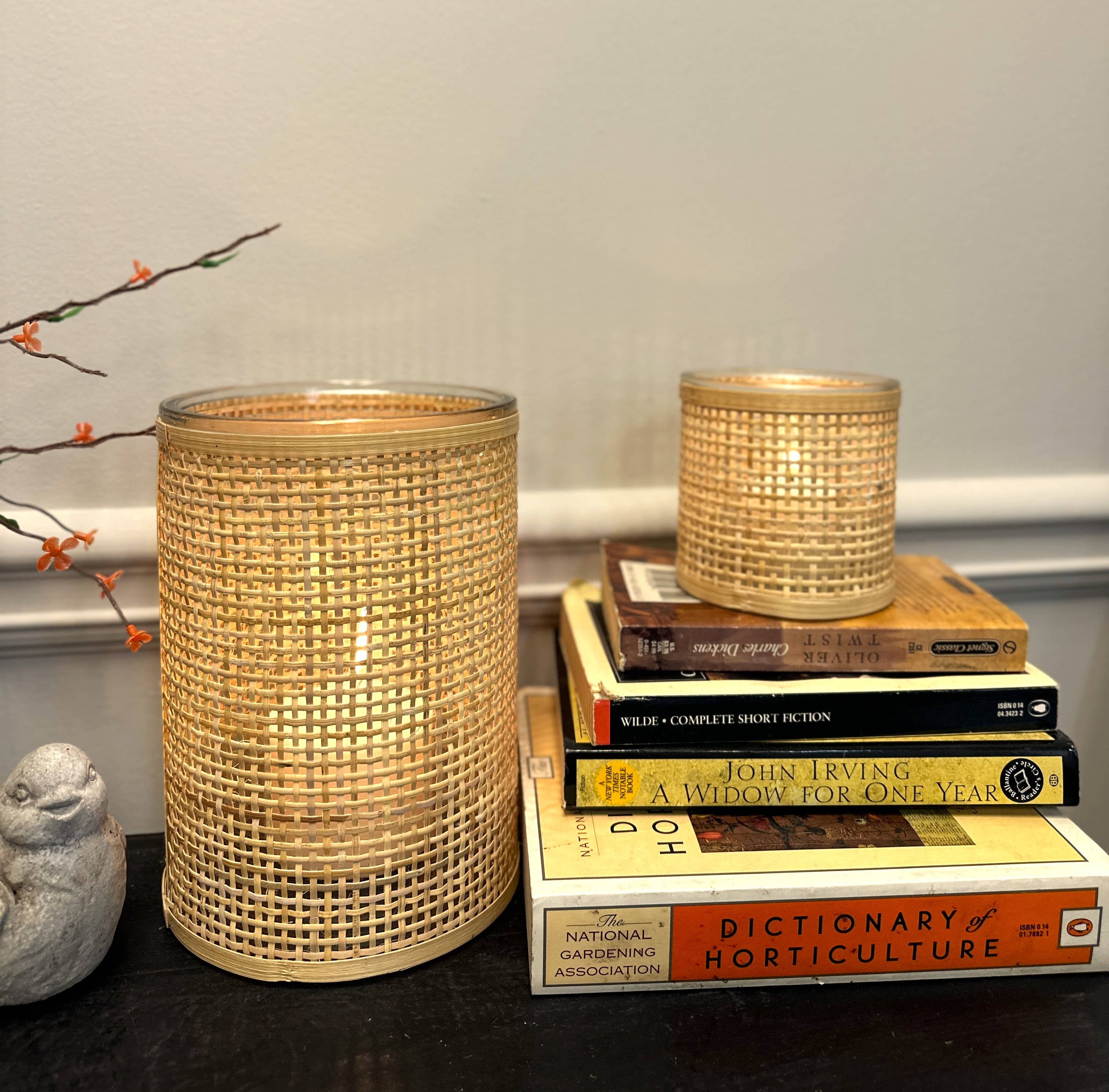 WEAVED RATTAN WRAPPED GLASS VASE/CANDLE HOLDER