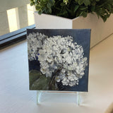 Mini 3" x 3" Annabelle Hydrangea Oil Painting/Navy Background with easel