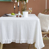 White French Embroidered Ruffled Cotton Tablecloth