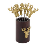 Gold Deer Cocktail Picks with Mango Wood Holder