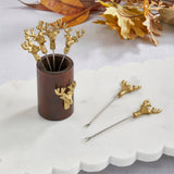 Gold Deer Cocktail Picks with Mango Wood Holder